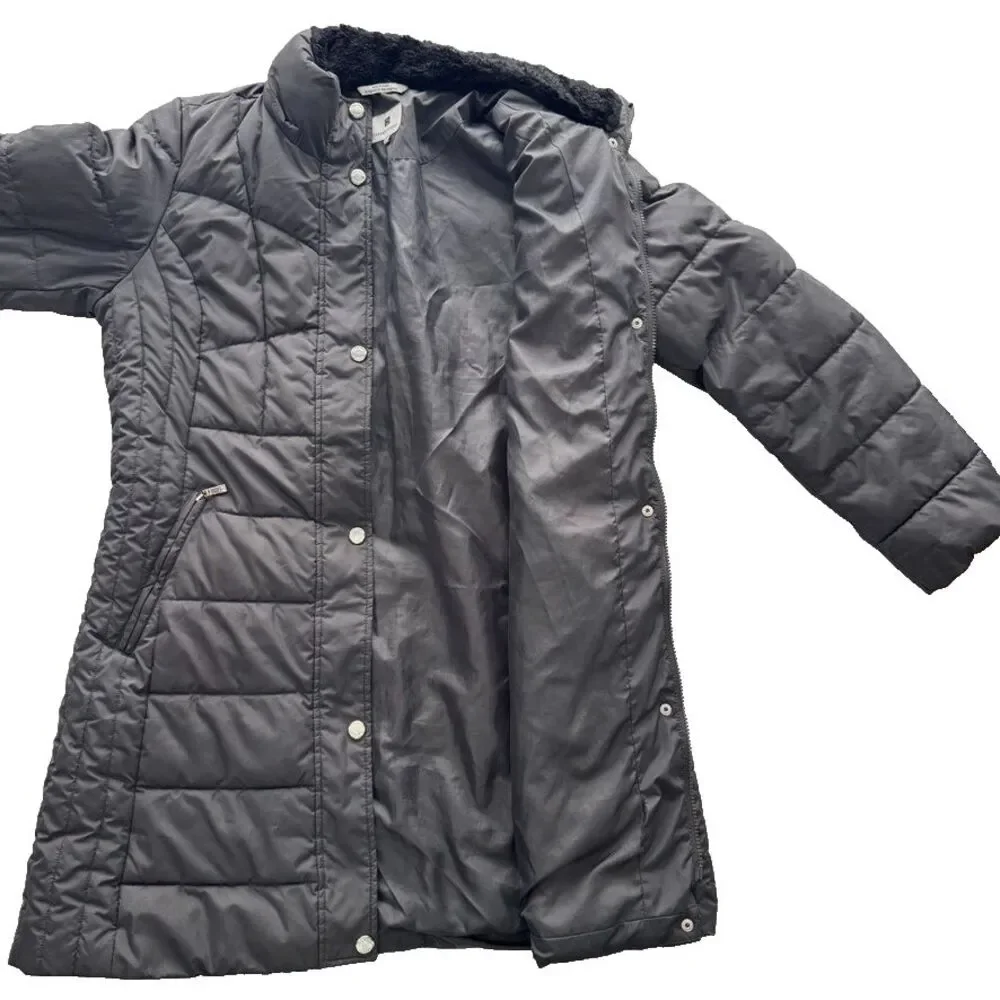 Laundry By Design Long Quilted Puffer Coat Black Faux Fur Hood Women's L Good - Picture 6 of 12